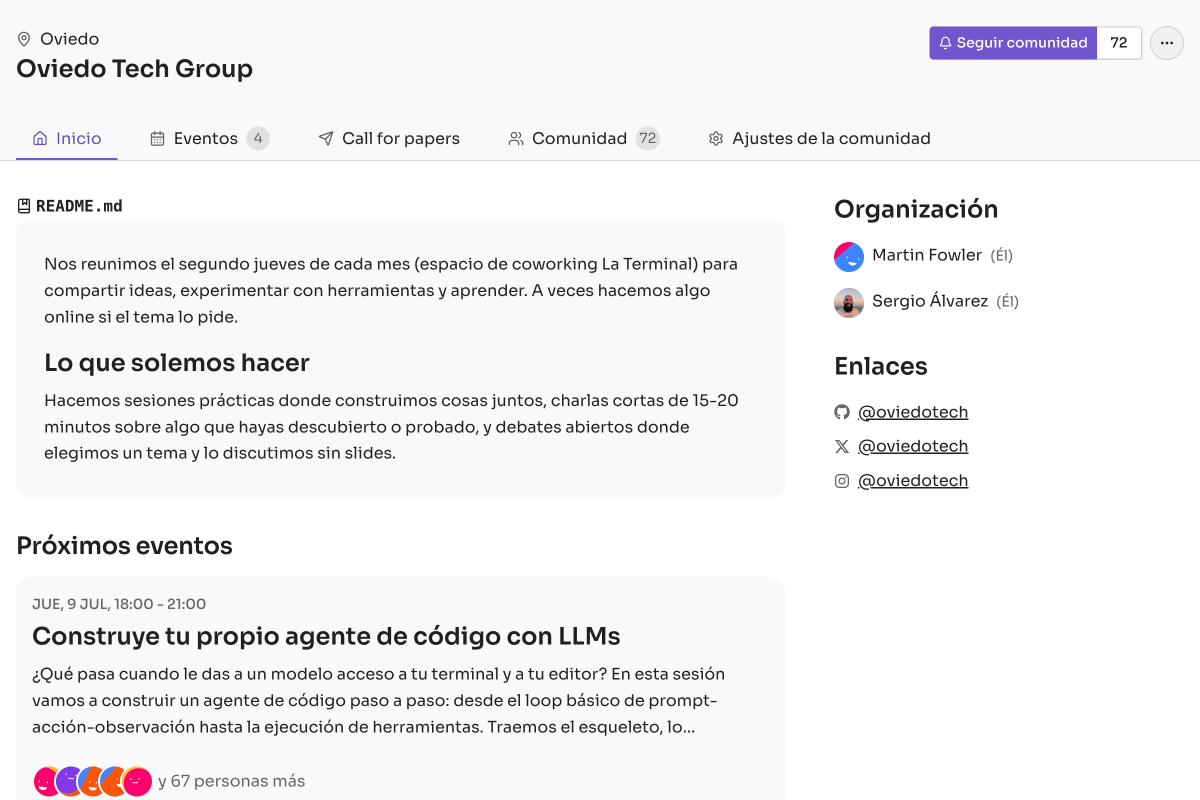 Página de comunidad en Saraos mostrando eventos, organizadores y actividad